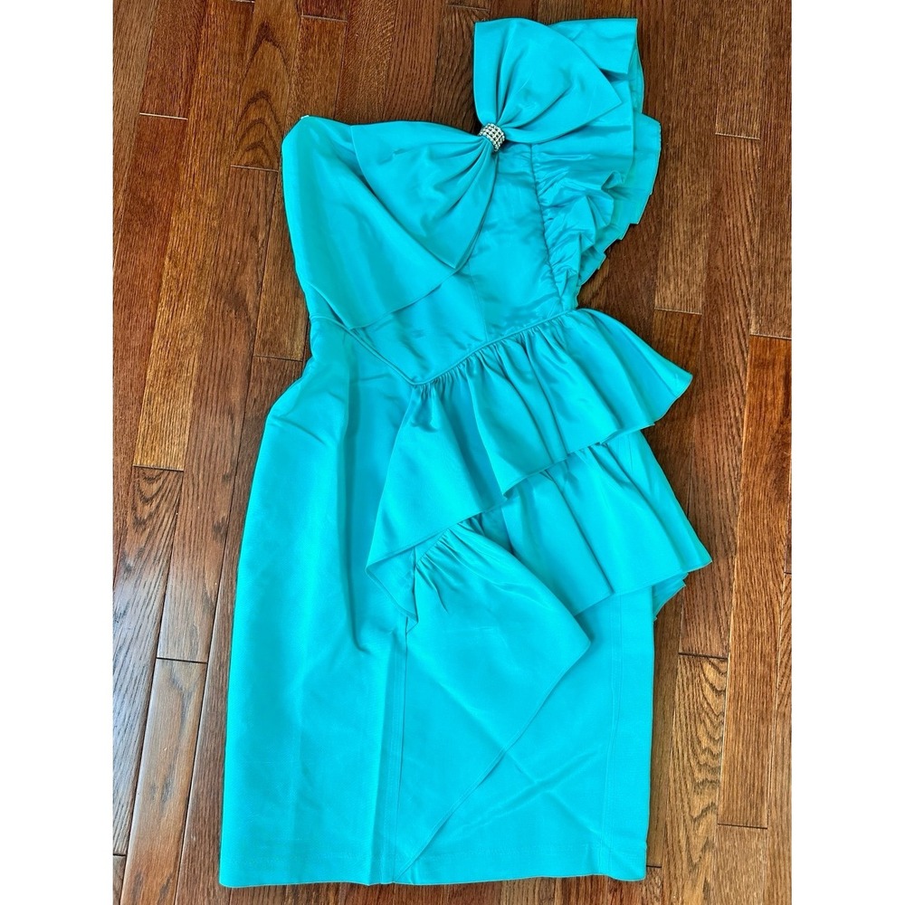 USA Vintage Y2K 2000s Climax Karen Okada One Shoulder Blue Cocktail Mini Dress - Picture 3 of 8